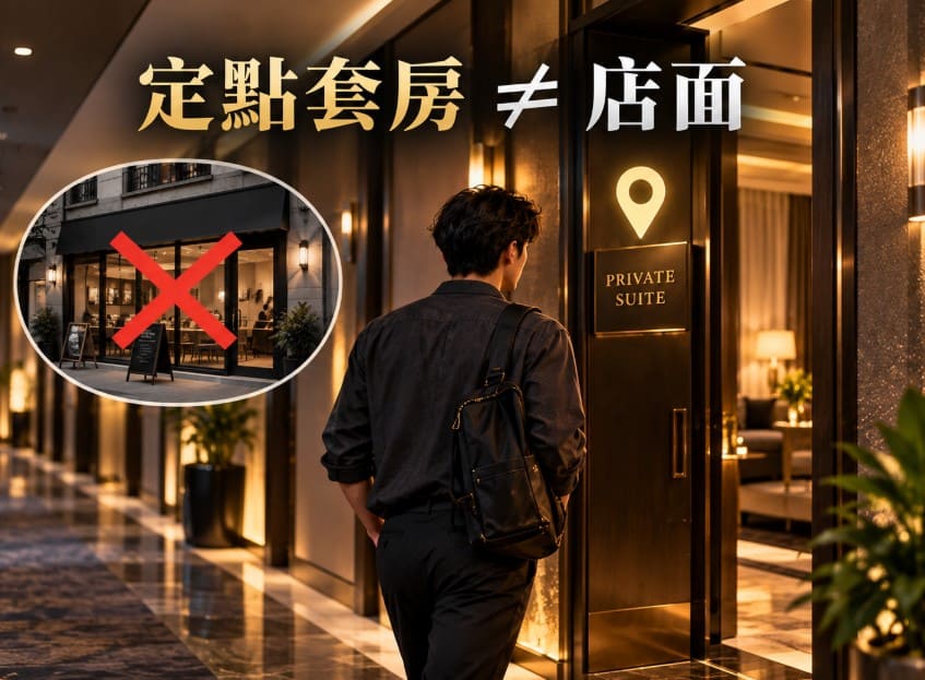 定點套房不是固定店面,而是指定會面地點的觀念示意圖