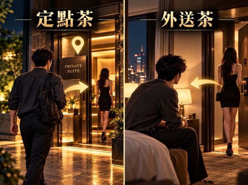 定點茶與外送茶差異示意圖,呈現客人自己前往指定地點與小姐前往客人所在地的不同