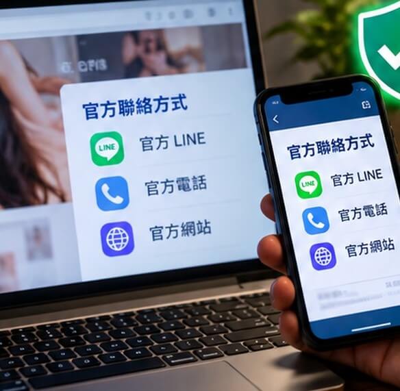 手機與電腦對照官方聯絡方式，呈現核對網站網址與 LINE 客服帳號、辨識冒名客服的查證情境