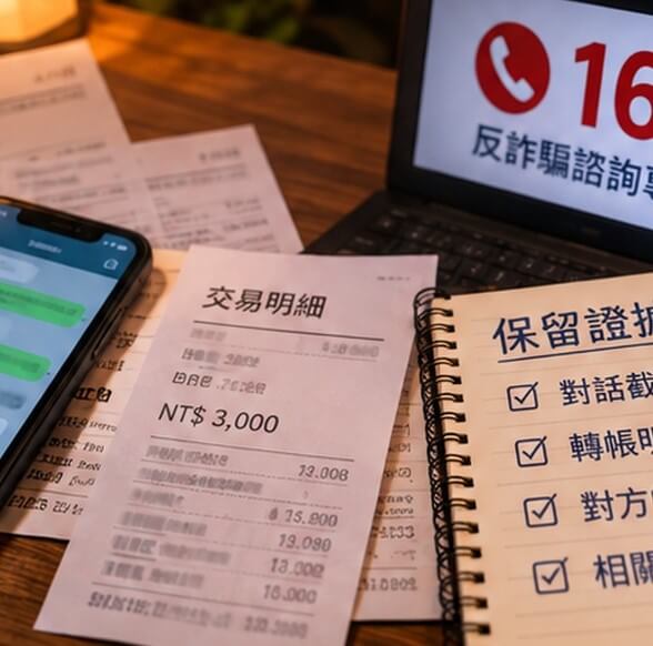 165 反詐騙諮詢資訊、轉帳明細、手機對話及證據清單，呈現遭遇詐騙後保存證據與求助的方式